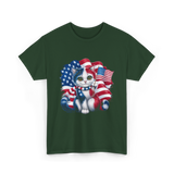 Patriotic Cat USA Flag T-Shirt - Forest Green