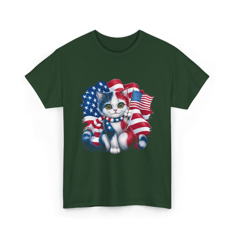 Patriotic Cat USA Flag T-Shirt - Forest Green