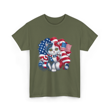 Patriotic Cat USA Flag T-Shirt - Military Green