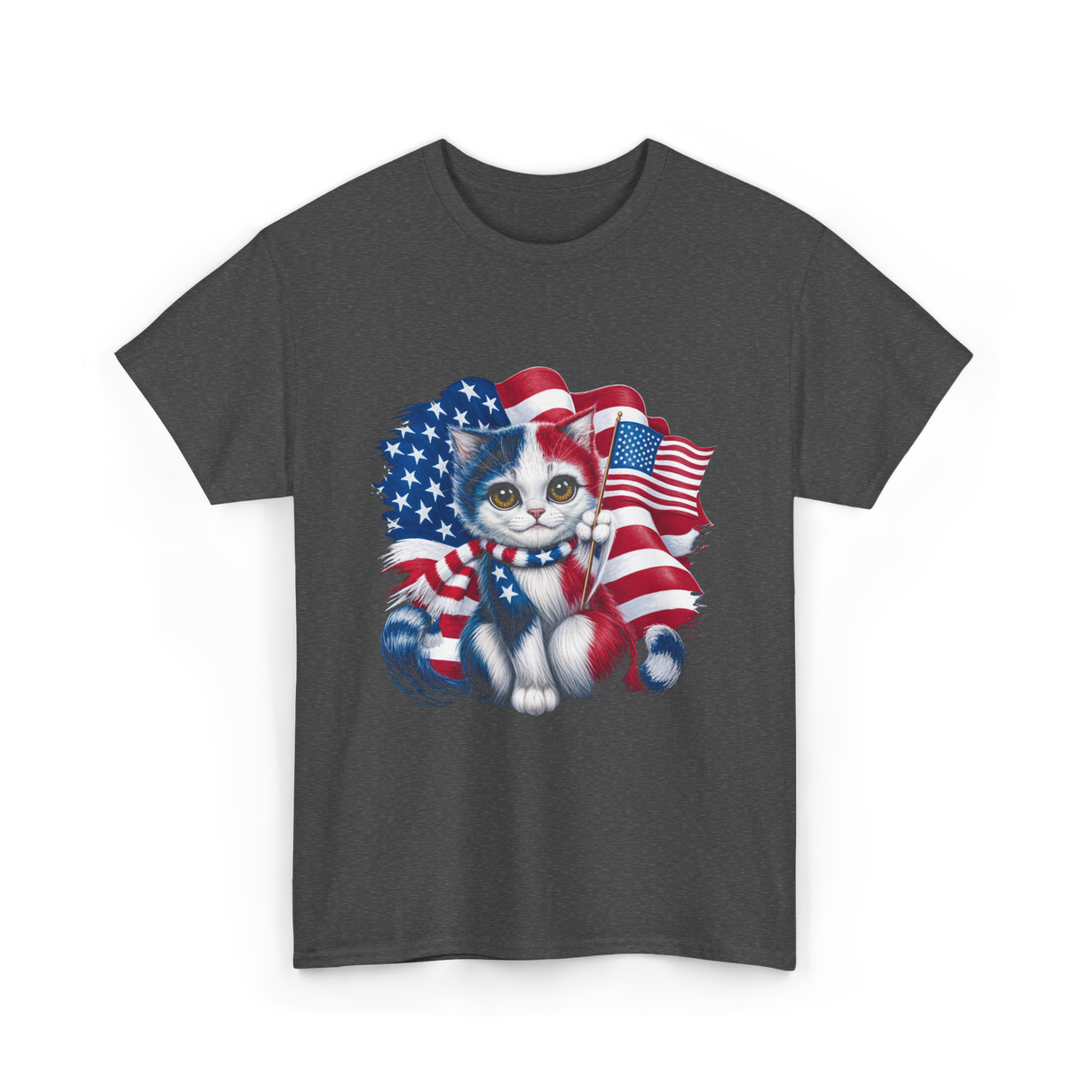 Patriotic Cat USA Flag T-Shirt - Dark Heather