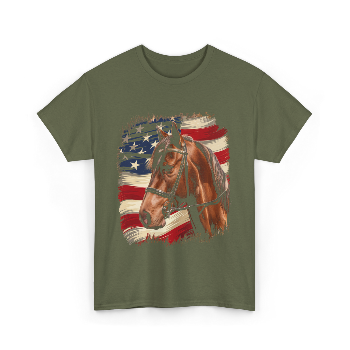 Patriotic Horse American Flag Horse T-Shirt - Military Green