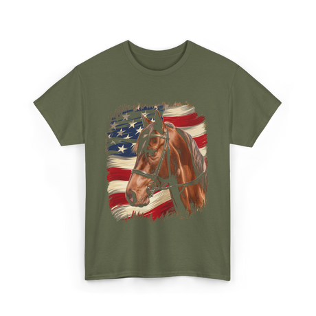 Patriotic Horse American Flag Horse T-Shirt - Military Green