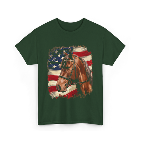 Patriotic Horse American Flag Horse T-Shirt - Forest Green