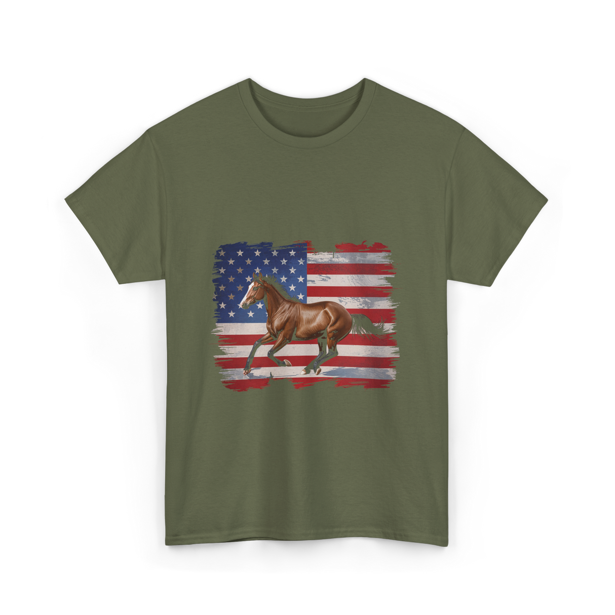 Patriotic Horse American Flag Horse T-Shirt - Military Green