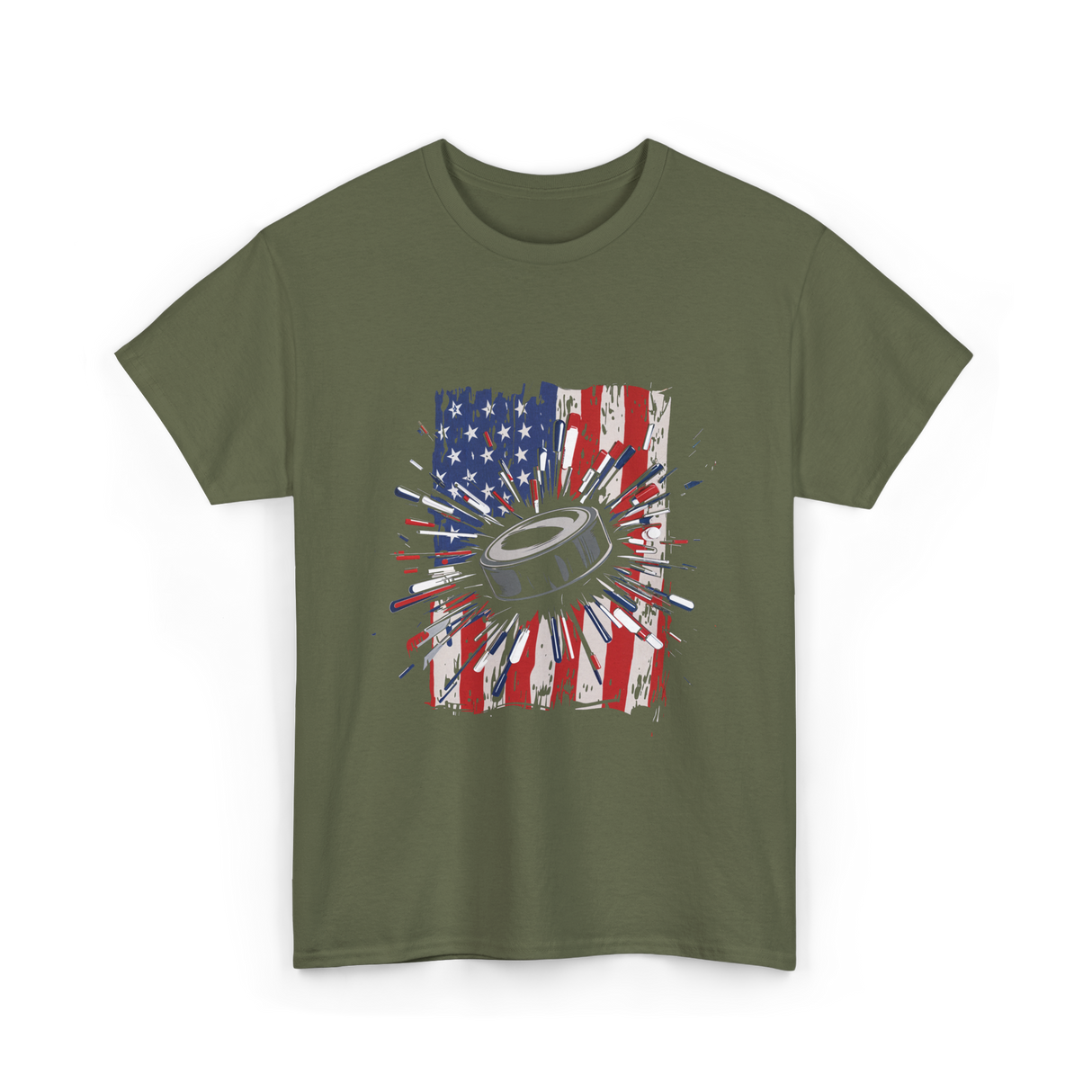 Patriotic Ice Hockey USA Puck T-Shirt - Military Green