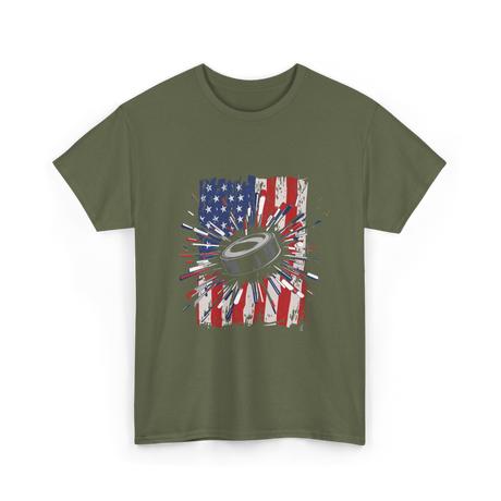 Patriotic Ice Hockey USA Puck T-Shirt - Military Green