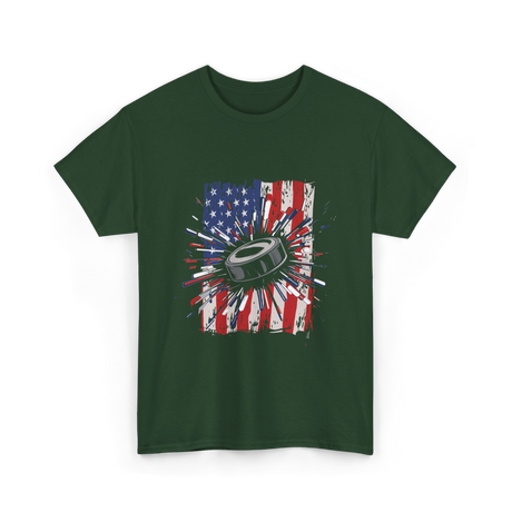 Patriotic Ice Hockey USA Puck T-Shirt - Forest Green