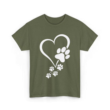 Paw Print Heart Dogs Love T-Shirt - Military Green