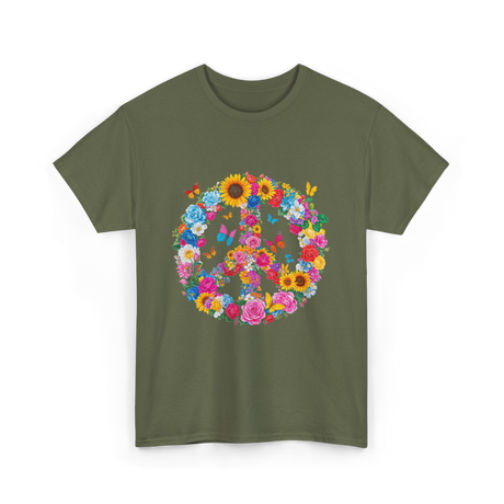 Peace Flowers Nature Artwork T-Shirt - Military Green