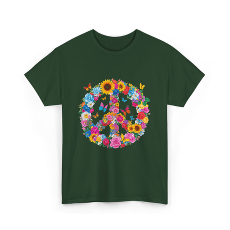 Peace Flowers Nature Artwork T-Shirt - Forest Green