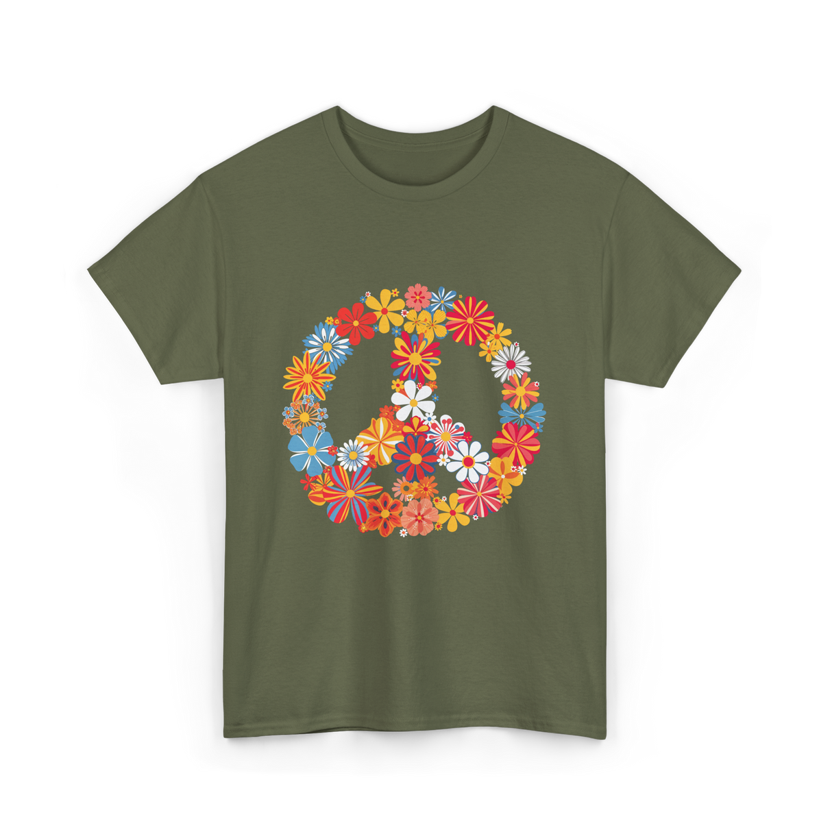 Peace Love Flower Power T-Shirt - Military Green