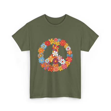 Peace Love Flower Power T-Shirt - Military Green