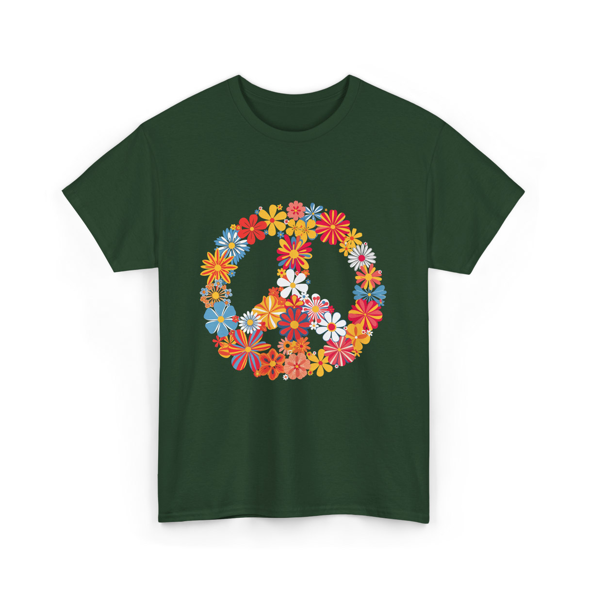 Peace Love Flower Power T-Shirt - Forest Green