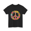 Peace Love Flowers Design T-Shirt - Black