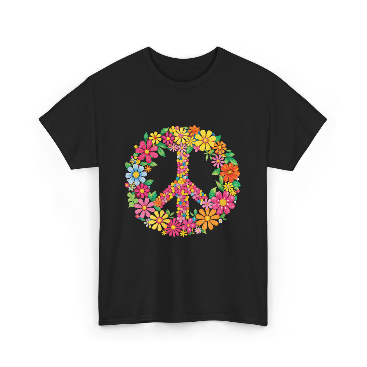 Peace Love Flowers Design T-Shirt - Black