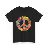 Peace Love Flowers Design T-Shirt - Black