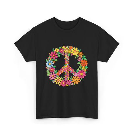 Peace Love Flowers Design T-Shirt - Black