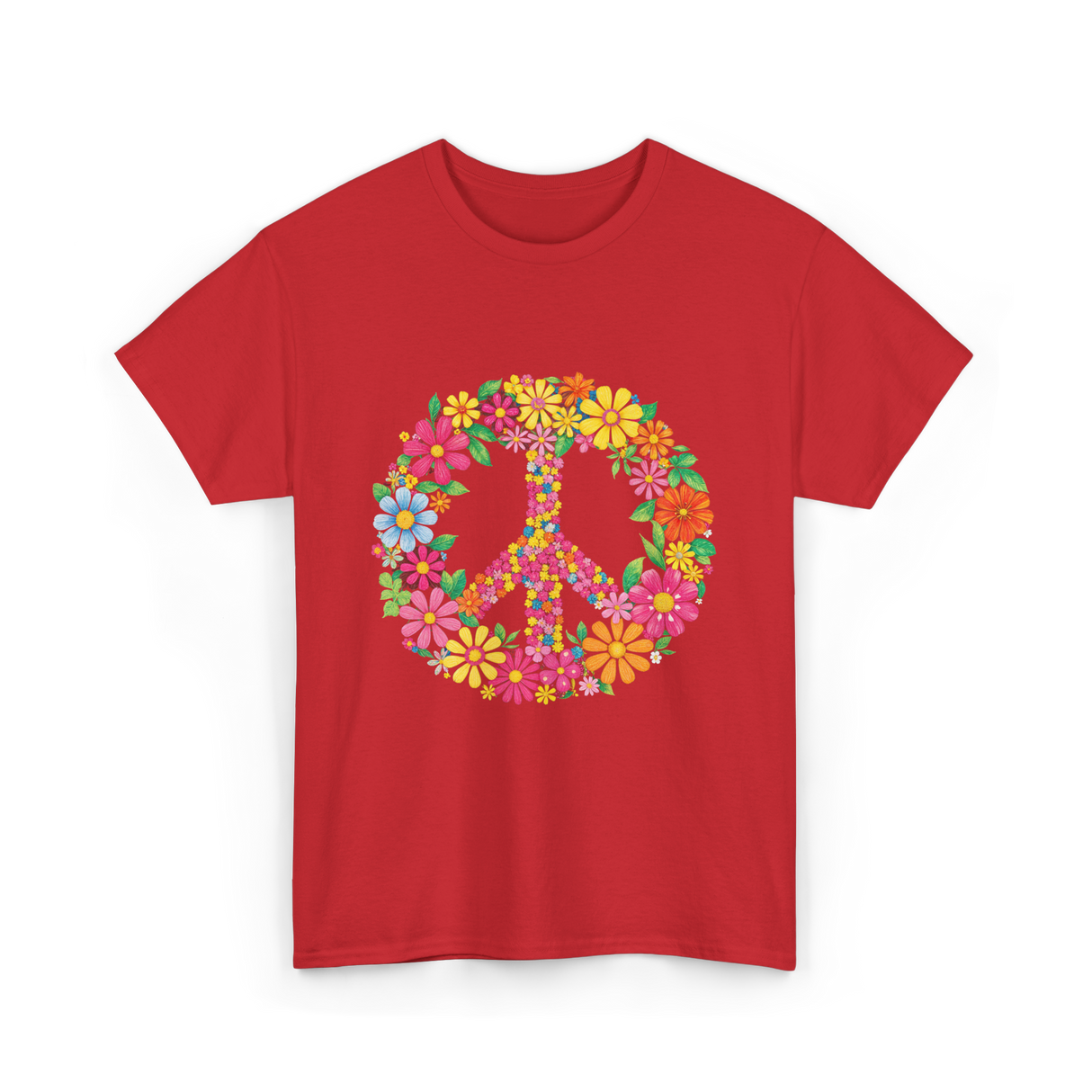 Peace Love Flowers Design T-Shirt - Red