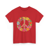 Peace Love Flowers Design T-Shirt - Red