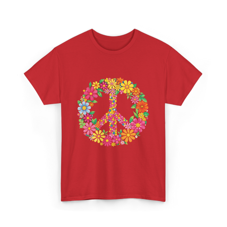 Peace Love Flowers Design T-Shirt - Red