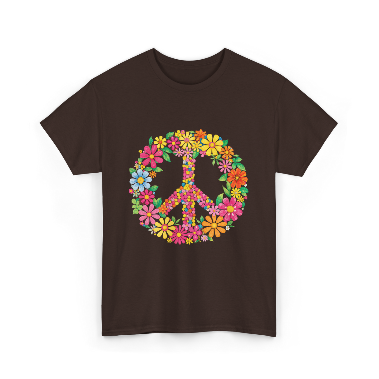 Peace Love Flowers Design T-Shirt - Dark Chocolate