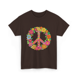 Peace Love Flowers Design T-Shirt - Dark Chocolate