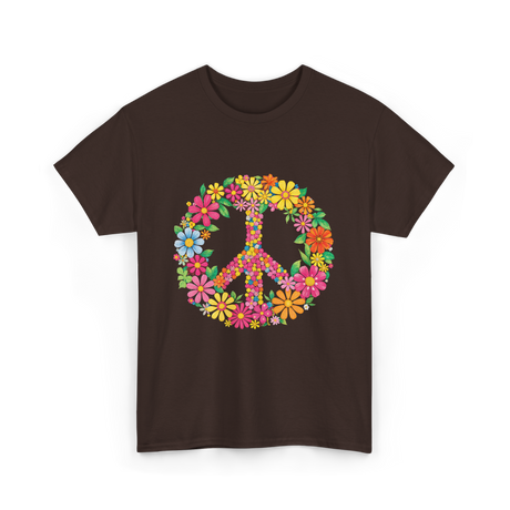 Peace Love Flowers Design T-Shirt - Dark Chocolate