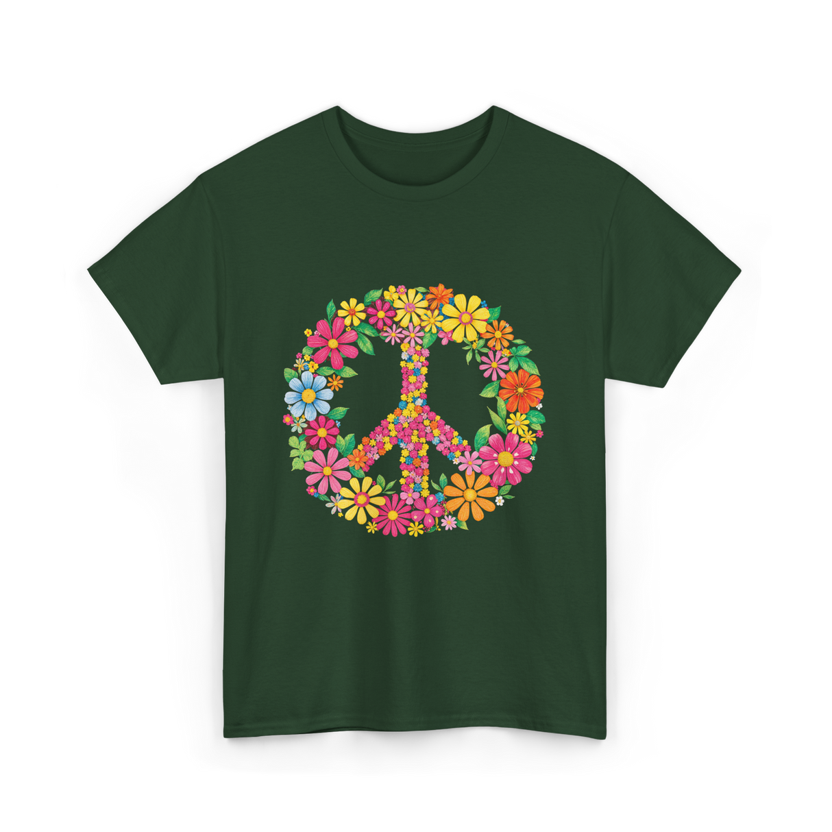 Peace Love Flowers Design T-Shirt - Forest Green