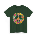 Peace Love Flowers Design T-Shirt - Forest Green