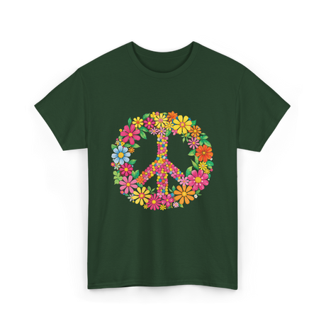 Peace Love Flowers Design T-Shirt - Forest Green