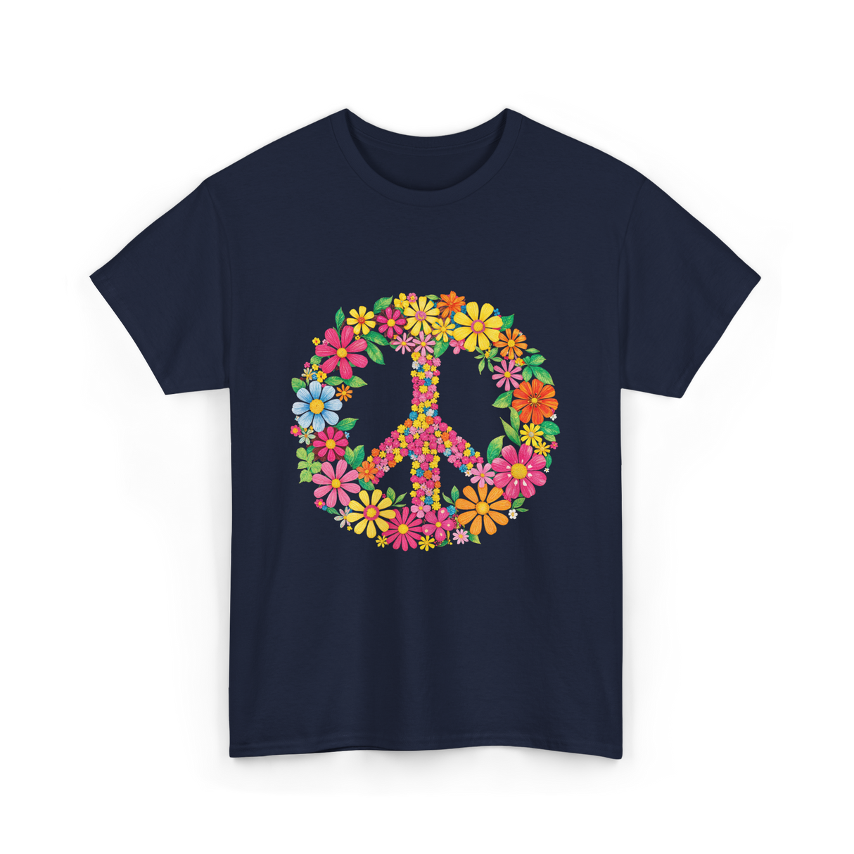 Peace Love Flowers Design T-Shirt - Navy