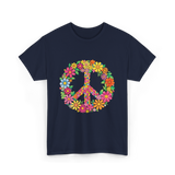 Peace Love Flowers Design T-Shirt - Navy