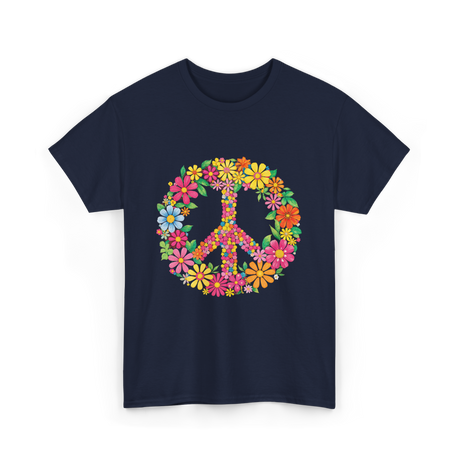 Peace Love Flowers Design T-Shirt - Navy