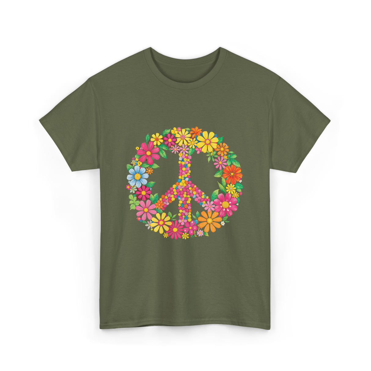 Peace Love Flowers Design T-Shirt - Military Green