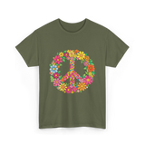 Peace Love Flowers Design T-Shirt - Military Green