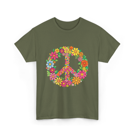 Peace Love Flowers Design T-Shirt - Military Green