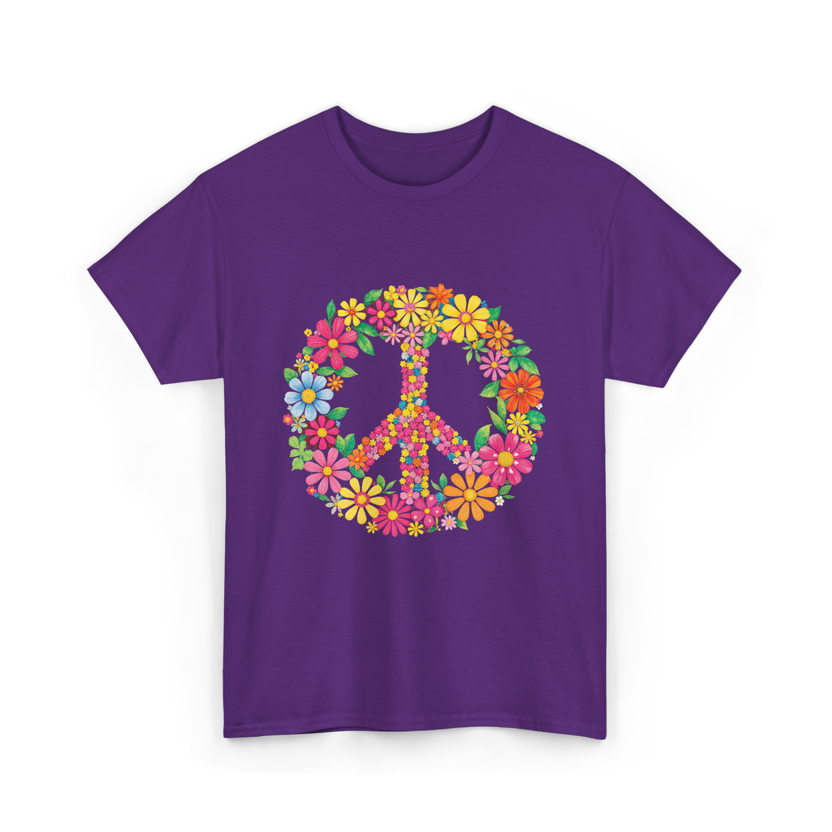 Peace Love Flowers Design T-Shirt - Purple