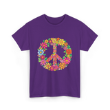 Peace Love Flowers Design T-Shirt - Purple