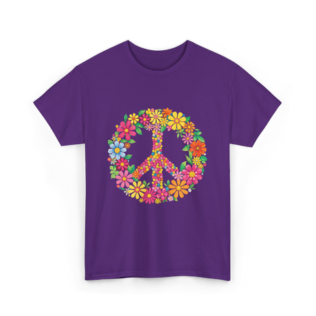 Peace Love Flowers Design T-Shirt - Purple