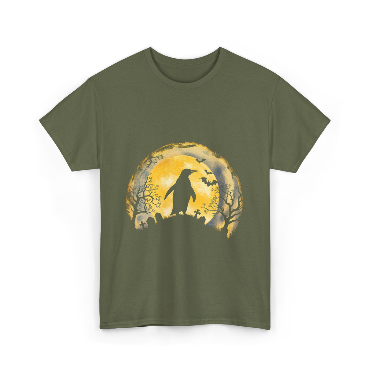 Penguin Halloween Moon Penguin T-Shirt - Military Green