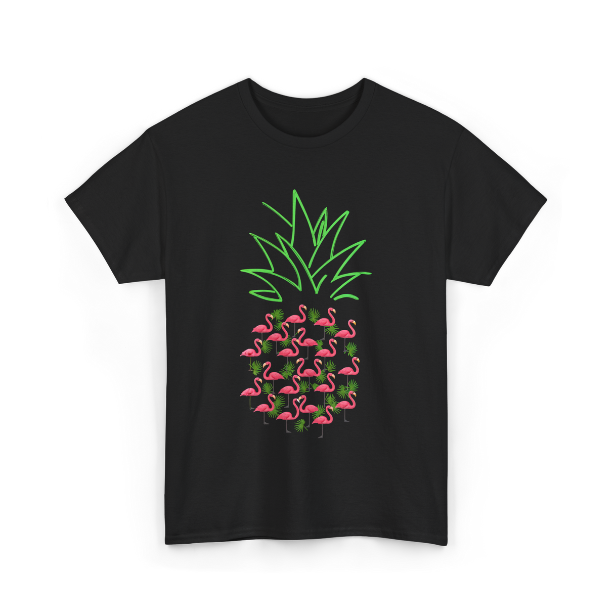 Pineapple Flamingo Tropical Design T-Shirt - Black