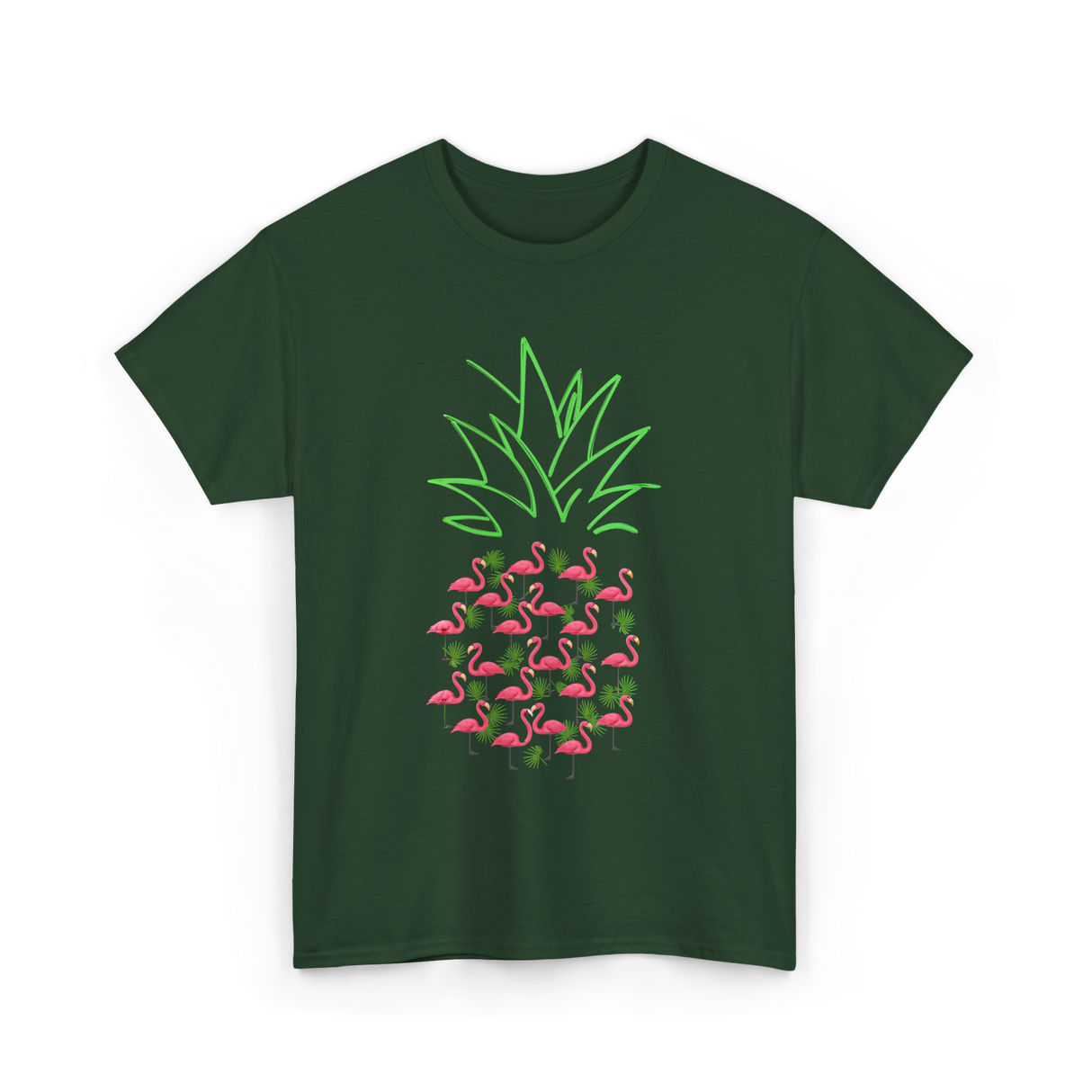 Pineapple Flamingo Tropical Design T-Shirt - Forest Green