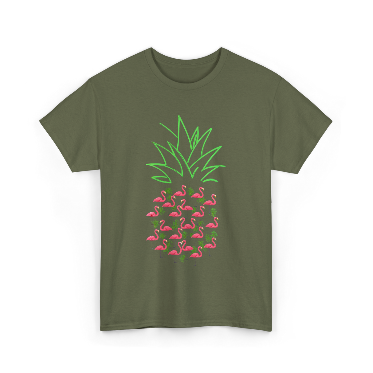 Pineapple Flamingo Tropical Design T-Shirt - Military Green