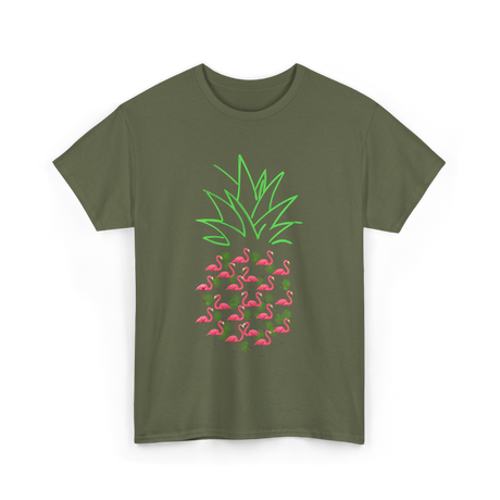 Pineapple Flamingo Tropical Design T-Shirt - Military Green