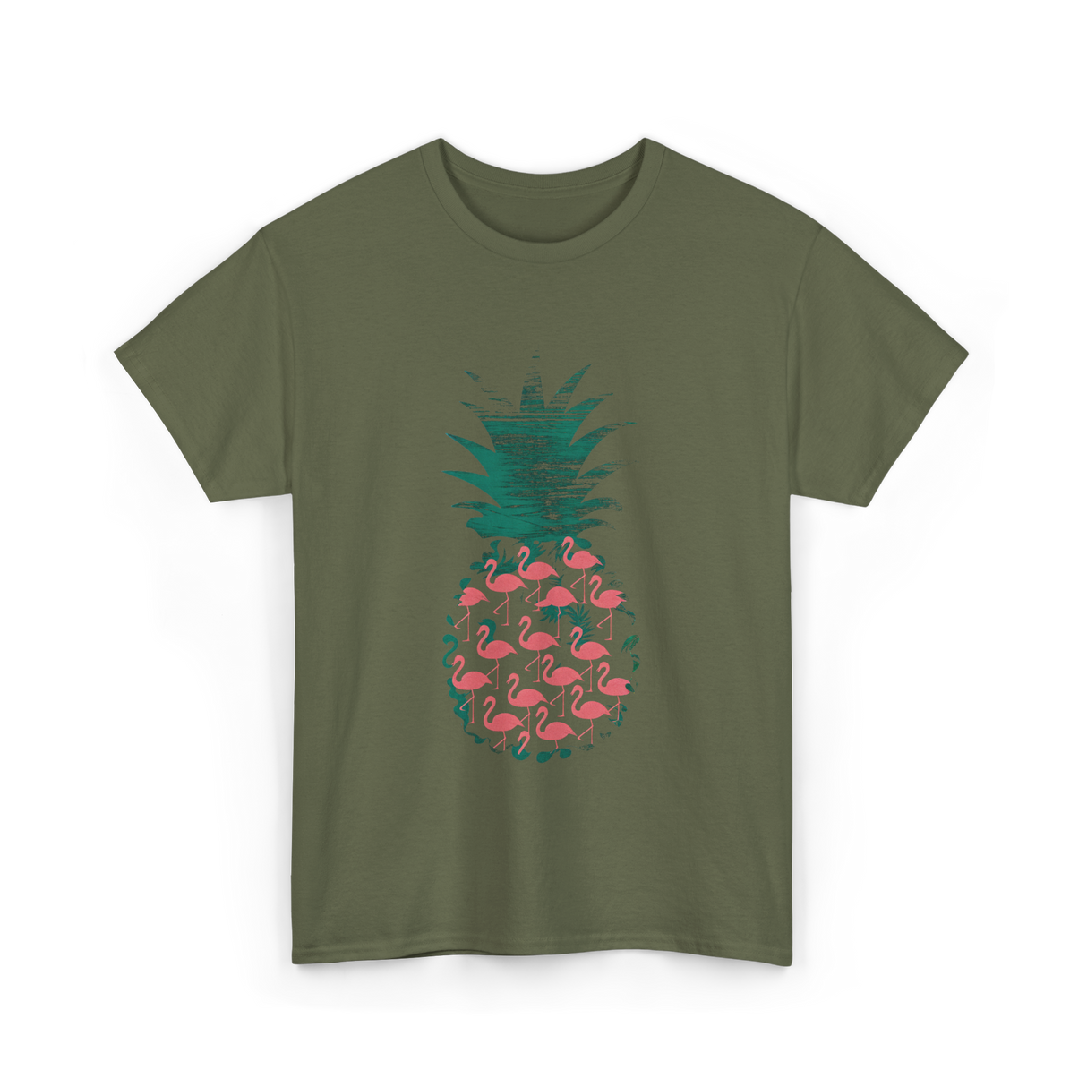 Pineapple Flamingos Tropical T-Shirt - Military Green