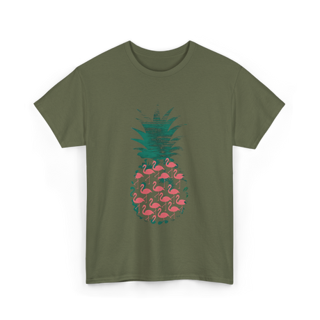 Pineapple Flamingos Tropical T-Shirt - Military Green