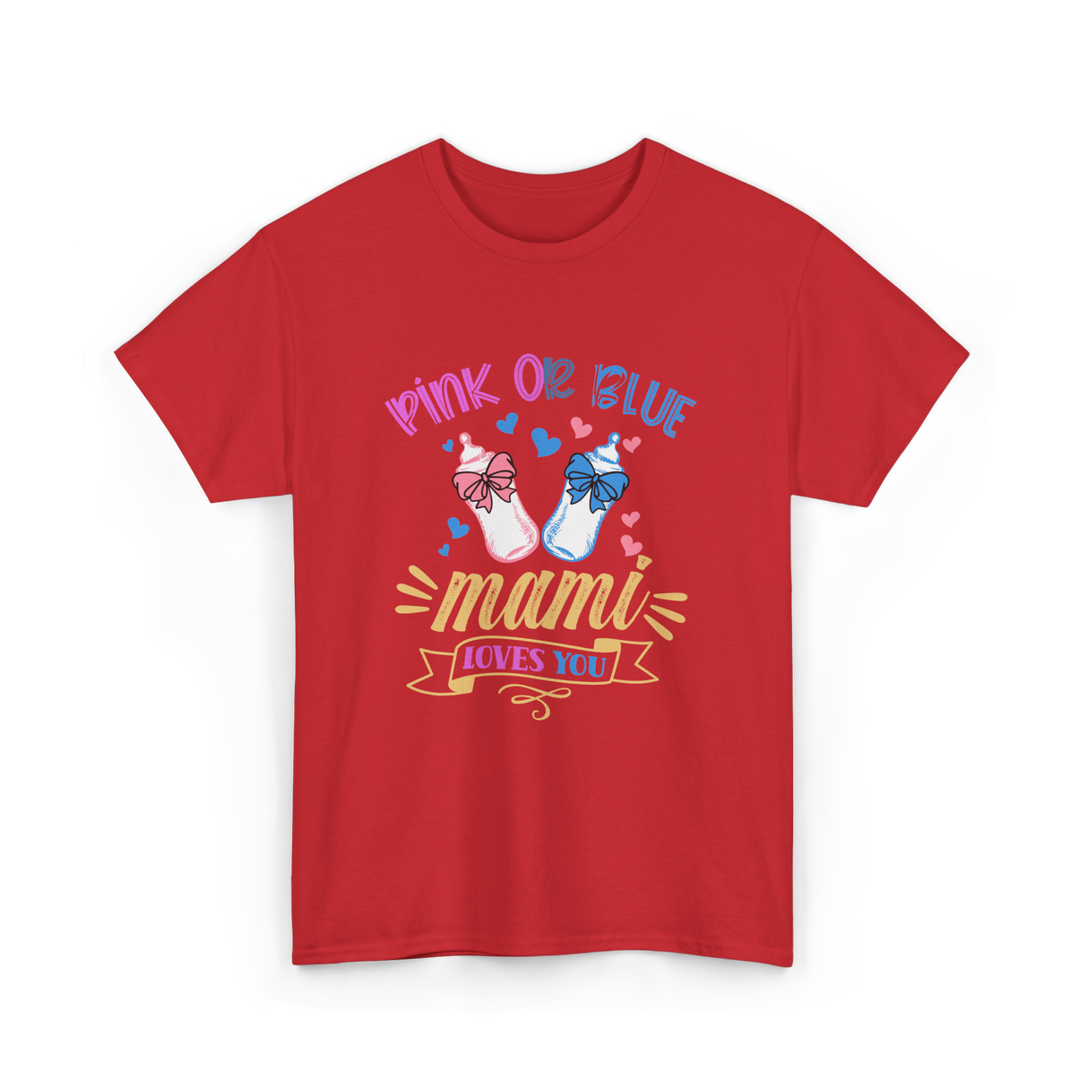 Pink Or Blue Mami Loves You Gender Reveal T-Shirt - Red