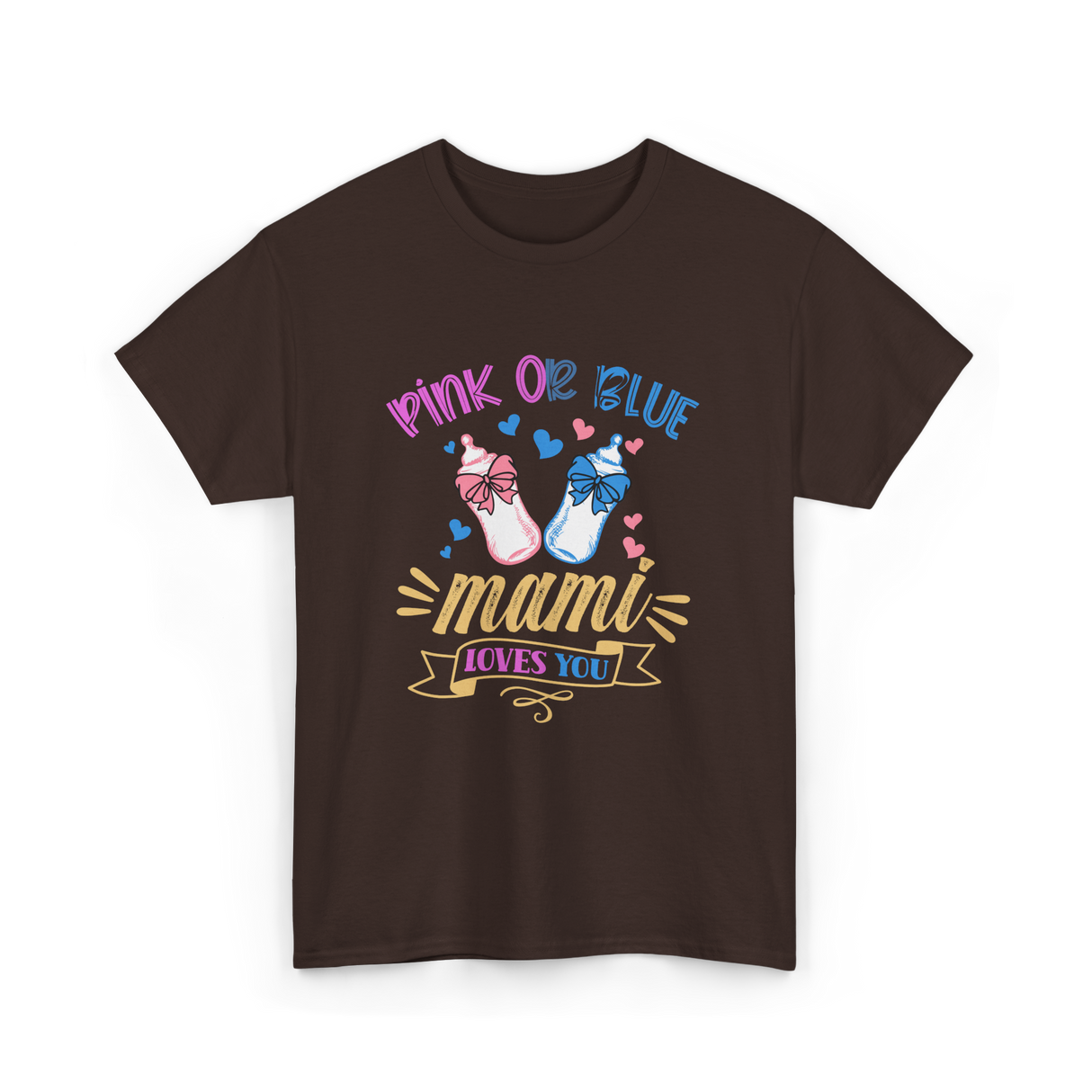 Pink Or Blue Mami Loves You Gender Reveal T-Shirt - Dark Chocolate