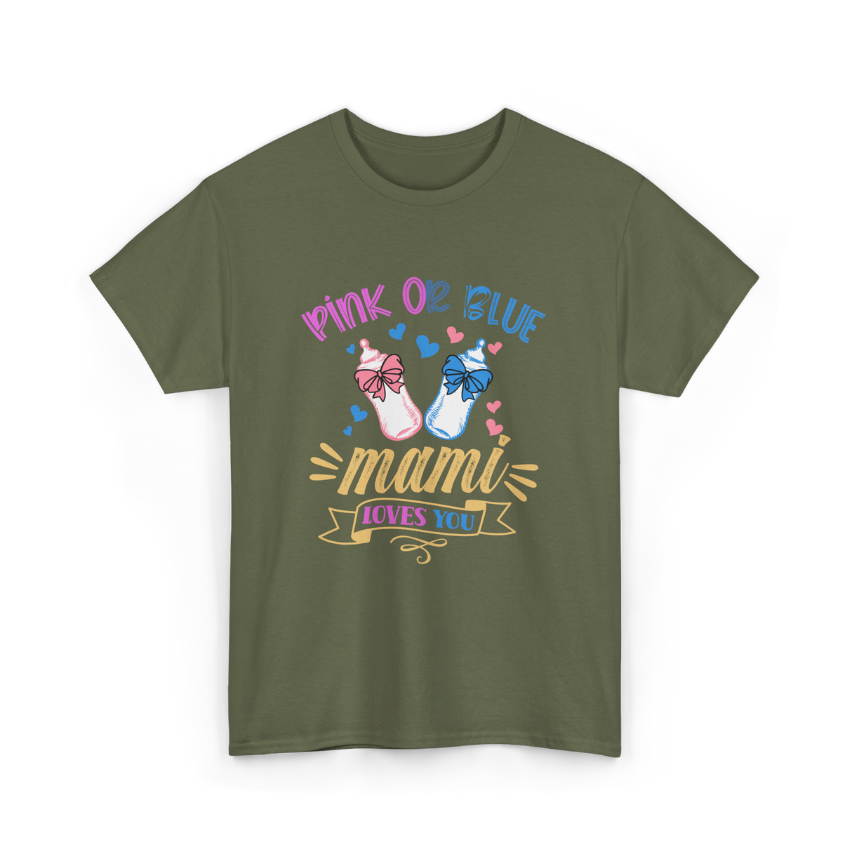 Pink Or Blue Mami Loves You Gender Reveal T-Shirt - Military Green