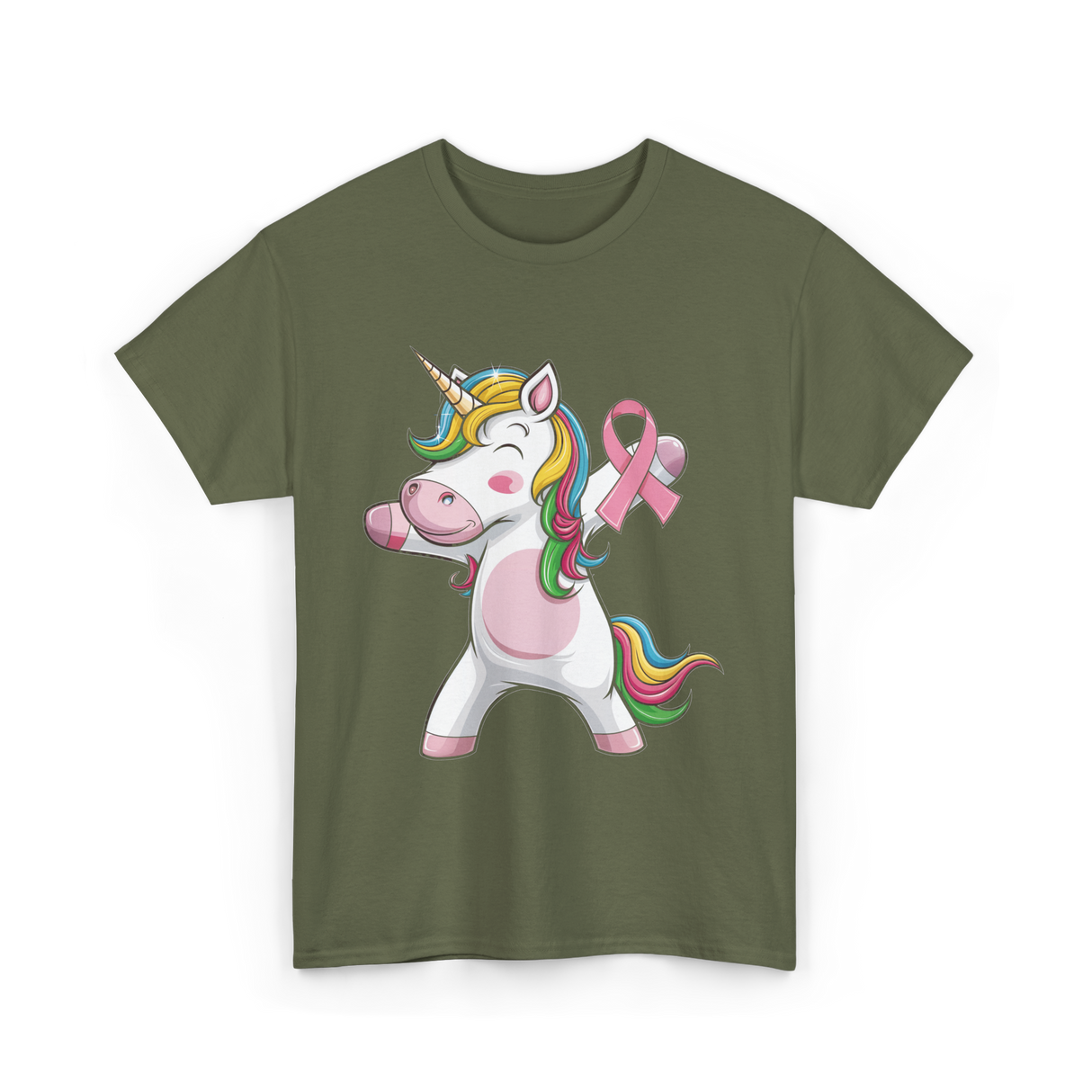 Pink Ribbon Unicorn Awareness Unicorn T-Shirt - Military Green